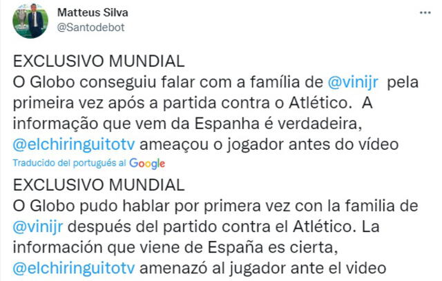 Desde Brasil Matteus Silva, de O Globo, confirmó la acusación. Foto: captura de @Santodebot/Twitter