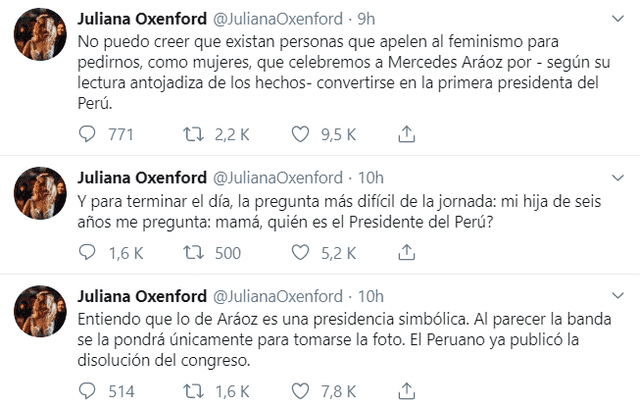 Juliana Oxenford encara a feministas por festejar a Mercedes Aráoz como jefa de Estado