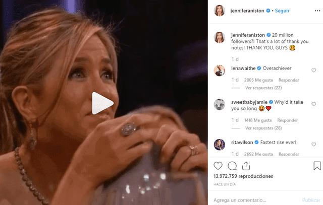 Jennifer Aniston agradece sus 20 millones de seguidores en Instagram con peculiar video.