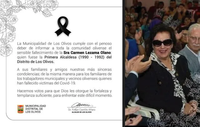 Comunicado sobre fallecimiento de Carmen Lezama Olano. (Fuente: Municipalidad de Los Olivos)