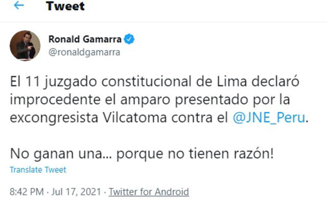 Ronald Gamarra, integrante del equipo técnico de Perú Libre se pronunció en redes sociales. Foto: captura de Twitter.