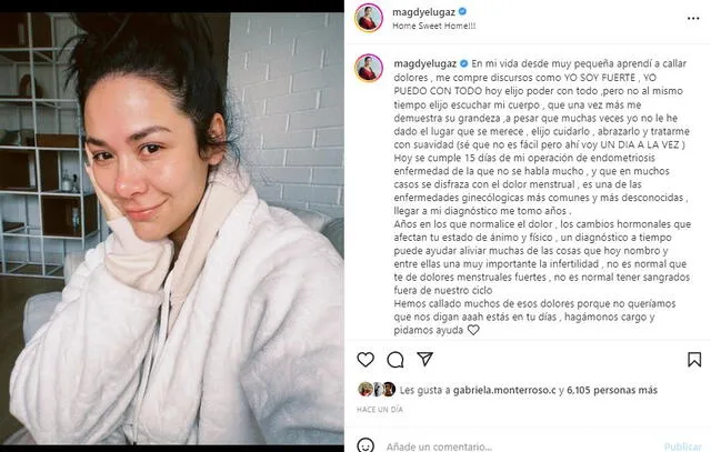  Esta es la publicación que hizo hace algunos meses la actriz Magdyel Ugaz en la que revela que padece de endometriosis. Foto: captura de Instagram/Magdyel Ugaz   