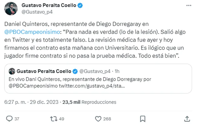 Diego Dorregaray es nuevo jugador de la 'U'. Foto: X.    