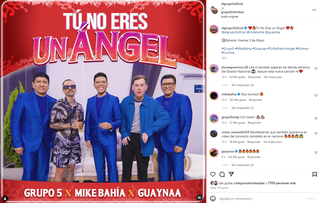  Grupo 5 compartió en su cuenta oficial de instagram tras su nuevo sencillo. Foto: instagram/Grupo5   