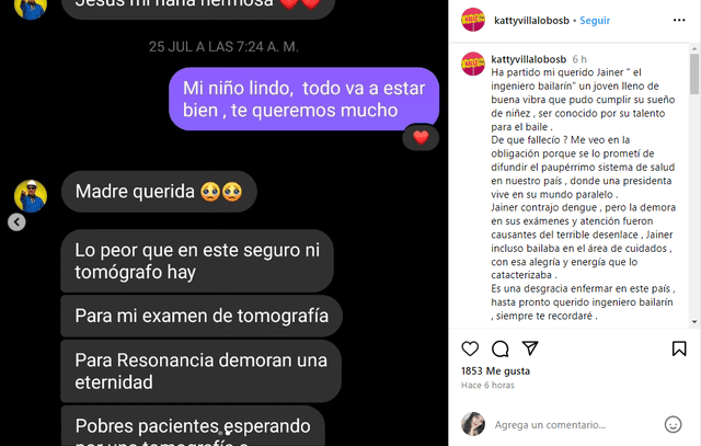  Katty Villalobos, a través de su cuenta de Instagram, dio detalles sobre el 'Ingeniero Bailarín'. Foto: Instagram/Katty Villalobos   