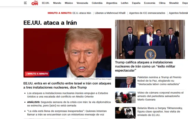 CNN mencionó en sus noticias destacadas el ataque de EE.UU. a Irán. Foto: captura CNN CNN mencionó en sus noticias destacadas el ataque de EE.UU. a Irán. Foto: captura CNN