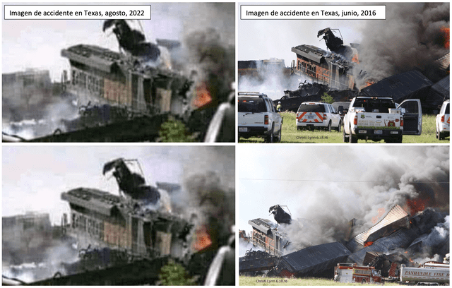 Comparación entre las imágenes el supuesto choque de trenes actual (izquierda) y el accidente ocurrido en el 2016 (derecha). Foto: composición LR/Facebook/Lynn