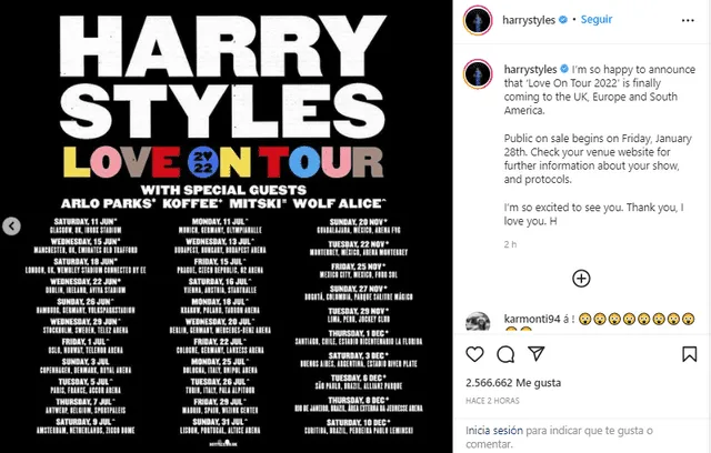 Países latinoamericanos donde llegará Harry Styles con su gira Love on tour 2022. Foto: Harry Styles/Instagram.