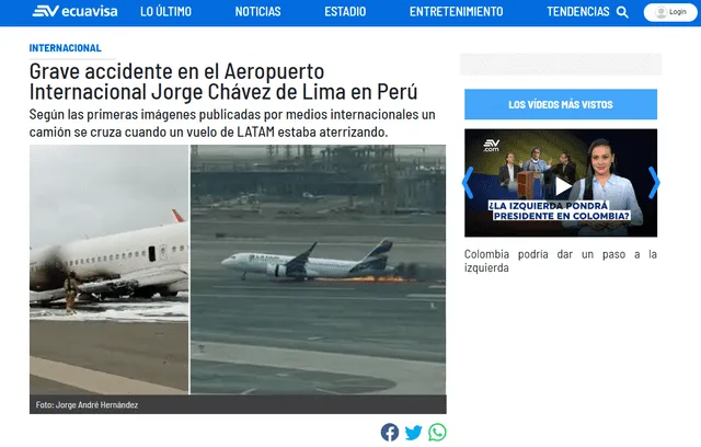 Así informa la prensa internacional sobre la colisión del avión de Latam en el Jorge Chávez. Foto: captura Ecuavisa