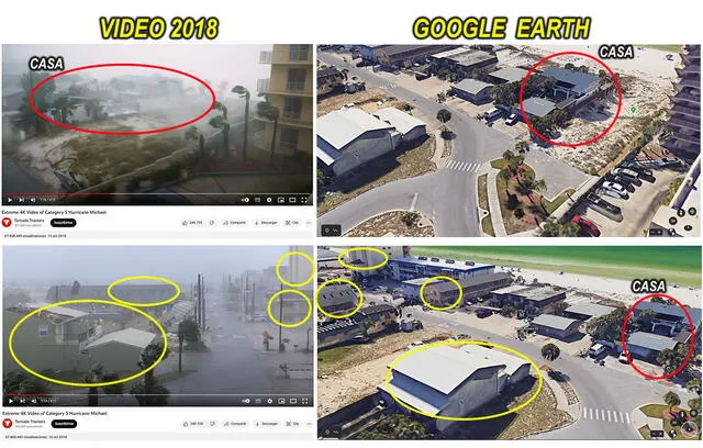 Comparación de la zona afectada. Fotos: capturas en Youtube - / Google Earth.