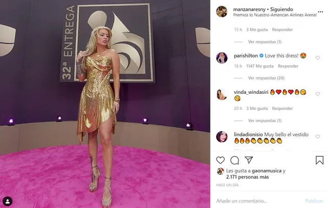 Reacción de Paris Hilton antes vestido de Leslie Shaw.