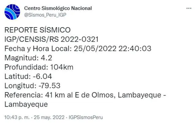 Datos del sismo en Lambayeque. Foto: Twitter @Sismos_Peru_IGP
