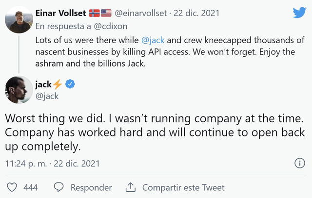 La sorpresiva respuesta de Jack Dorsey a un usuario en Twitter. Foto: Twitter