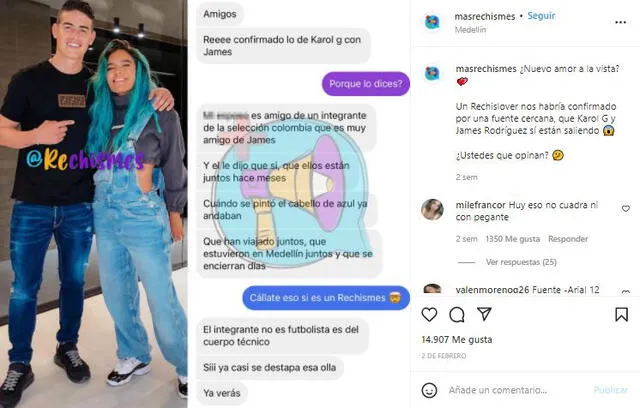 Supuestas pruebas del romance entre James Rodríguez y Karol G. Foto: Instagram Rechismes