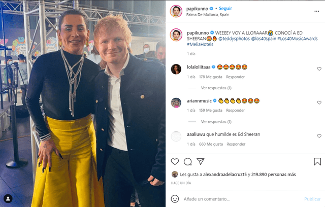 Kunno tuvo la oportunidad de conocer a Ed Sheeran en LOS40 Music Awards 2021. Foto: Kunno/Instagram