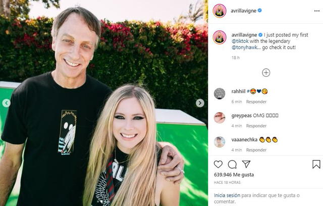 Avril Lavigne reaparece y debuta en TikTok con su canción “Sk8r Boi” y de la mano de Tony Hawk. Foto: Avril Lavigne/Instagram