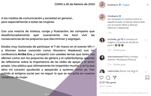 El comunicado de Irina Baeva en Instagram.