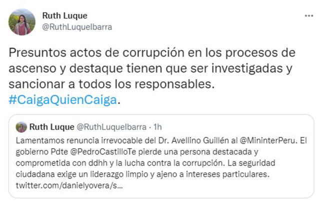 Ruth Luque lamentó la renuncia de Avelino Guillén al Ministerio del Interior. Foto: Captura Twitter