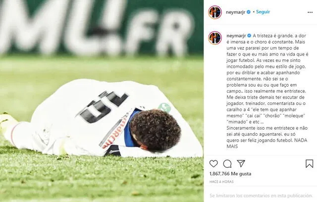 Neymar escribió un desgarrador texto en su Instagram