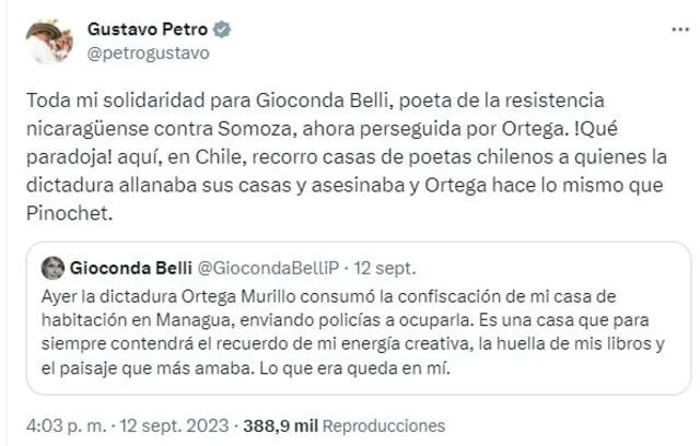 Gustavo Petro mostró su apoyo a la poeta nicaragüense Gioconda Belli. Foto: captura de Twitter/@petrogustavo   