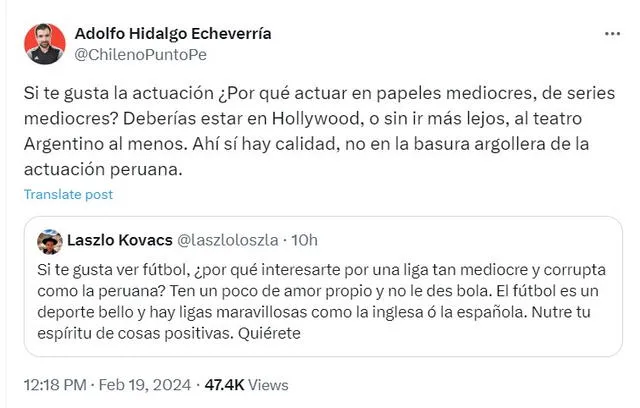 Adolfo Hidalgo fue uno de los tantos usuarios que criticaron el comentario de Kovacs. Foto: X/Adolfo Hidalgo 
