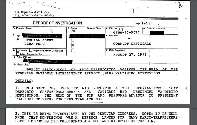 Informe de la DEA donde se menciona que 'Vaticano' llegó a infiltrar el gobierno de Fujimori por intermefdio de Vladimiro Montesinos. Foto: La República   