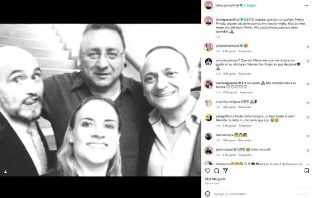 Lalo España envió condolencias a la familia de Memo Pineda. | Instagram | @laloespanaoficial Lalo España envió condolencias a la familia de Memo Pineda. | Instagram | @laloespanaoficial
