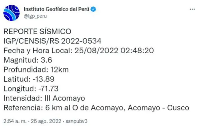 Datos del sismo en Cusco. Foto: Twitter / @igp_peru