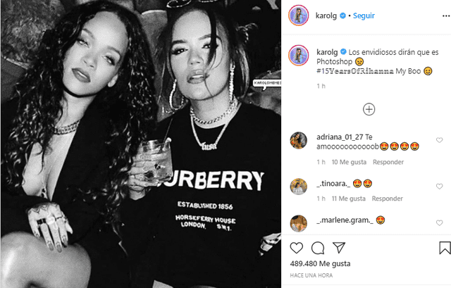 Karol G comparte foto junto a Rihanna en Instagram y asegura que no es Photoshop.