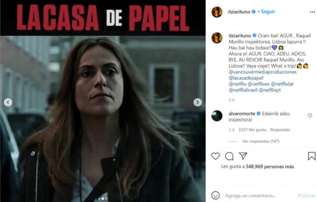 Itziar Ituño da vida a Raquel Murillo en La casa de papel. Foto: @itziarituno/Instagram