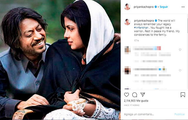 Mensaje de Priyanka Chopra despidiéndose de Irrfan Khan. Instagram. 29 de abril, 2020.