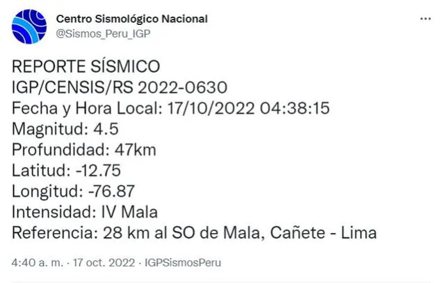 Datos del sismo en Lima