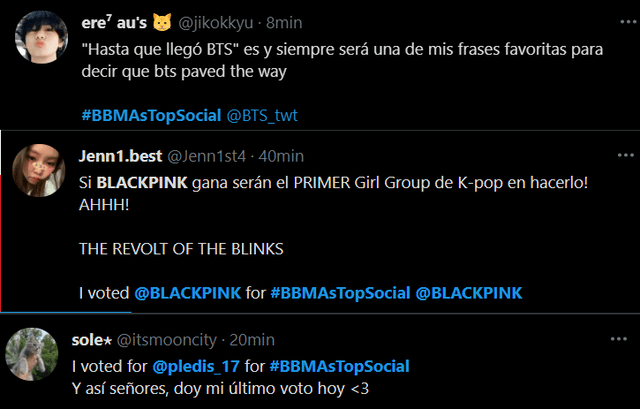 Ejemplo de votaciones en Twitter por fans de BTS, BLACKPINK y SEVENTEEN para los BBMAs 2021. Foto: captura Twitter