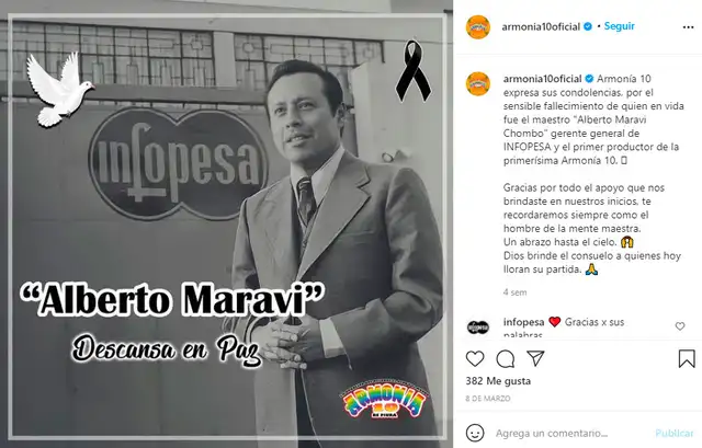 Armonía 10 emitió un mensaje dedicado al fallecido productor Alberto Maravi. Foto: Armonía 10 Instagram