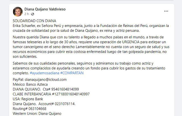 Diana Quijano tiene cáncer y necesita ayuda. Foto: captura/Facebook