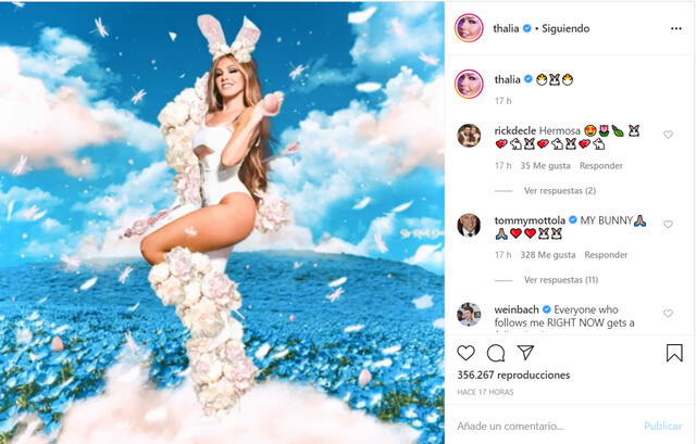 La publicación en Instagram de Thalía, con disfraz de conejita.