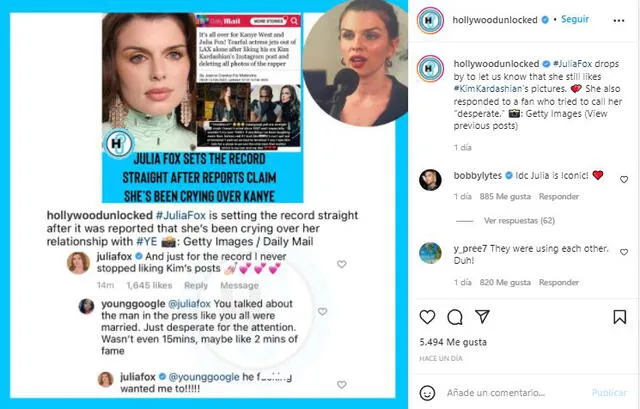 Publicación de Hollywood Unlocked sobre comentario de Julia Fox. Foto: Instagram Hollywood Unlocked