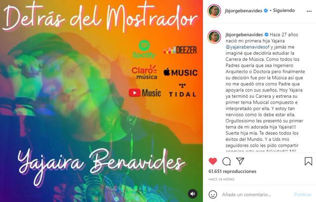 Jorge Benavides comparte el primer tema musical de su hija Yajaira Benavides