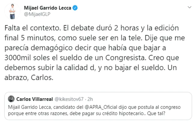 Captura al tuit de Mijael Garrido-Lecca.