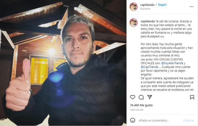 Alex Tienda presenció las primeras explosiones en Ucrania. Foto: Instagram Alex Tienda presenció las primeras explosiones en Ucrania. Foto: Instagram