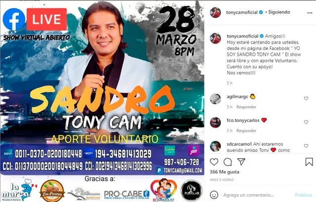 Tony Cam, 'Sandro' de Yo soy realizará un concierto virtual este domingo 28 de marzo. Foto: Tony Cam Instagram