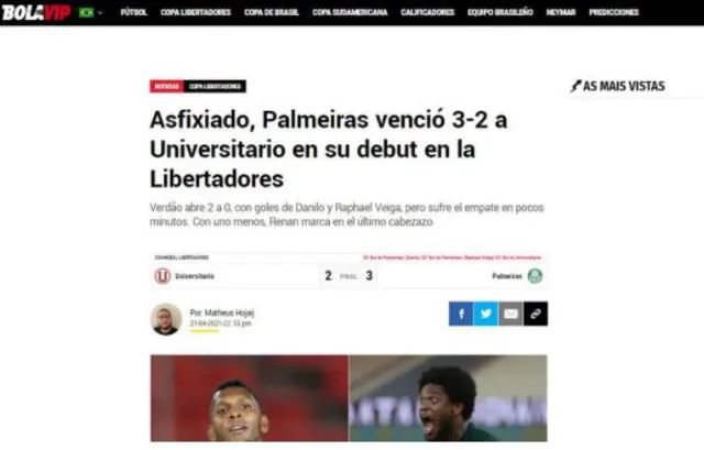 Bolavip también resaltó la victoria agónica de Palmeiras ante Universitario.