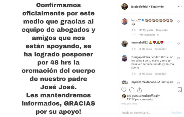 Publicación en Instagram de José Joel, hijo de José Joel