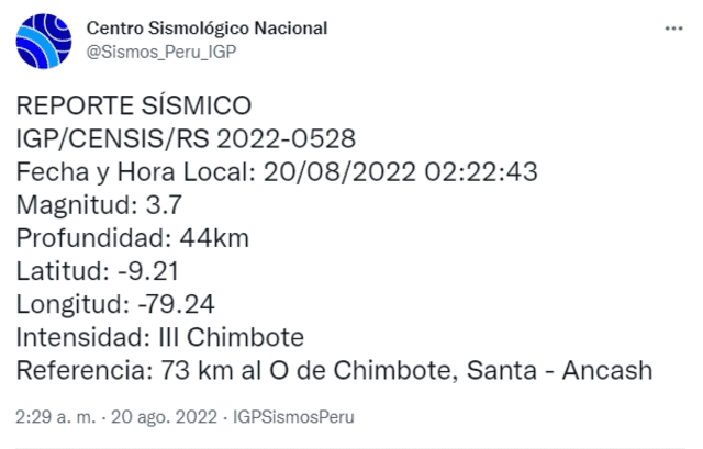 Datos del sismo en Áncash. Foto: captura IGP