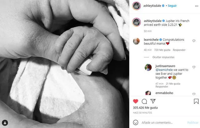 Ashley Tisdale anuncia el nacimiento de su primera hija y devela su nombre