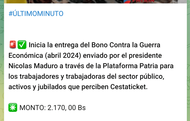 El Bono de Guerra para los trabajadores públicos activos llegó el 15 de abril. Foto: Canal Patria Digital/Telegram
