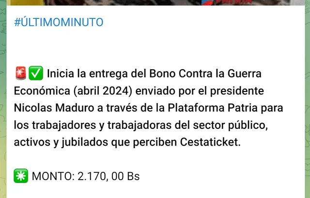 El primer pago del Bono de Guerra llegó el 15 de abril. Foto: Canal Patria Digital/Telegram