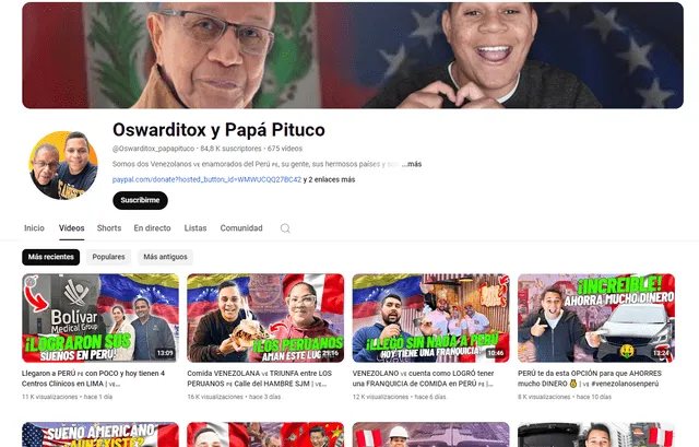 Página principal del canal de YouTube de Oswarditox y Papá Pituco. Foto: captura de pantalla   