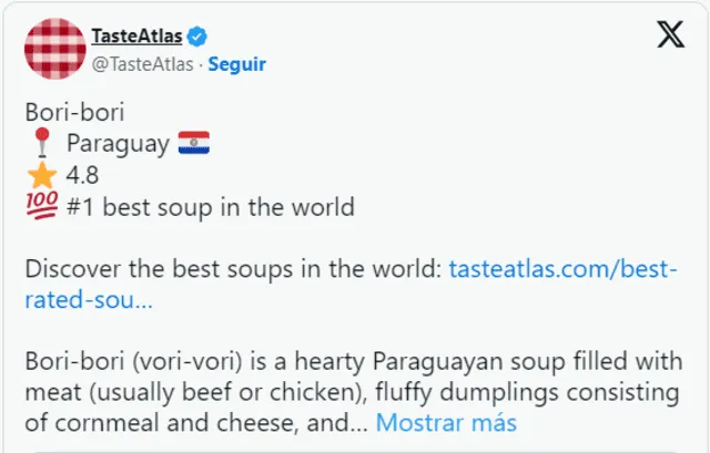  Taste Atlas proclamó al vori vori como la mejor sopa del mundo. Foto: Twitter TasteAtlas   