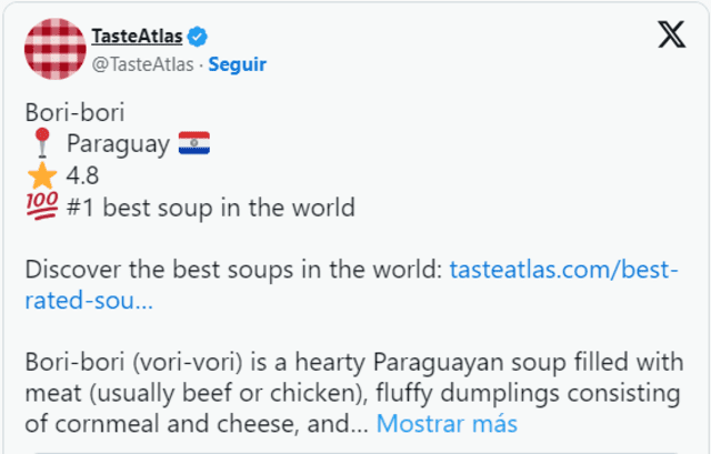  Taste Atlas proclamó al vori vori como la mejor sopa del mundo. Foto: Twitter TasteAtlas<br>    